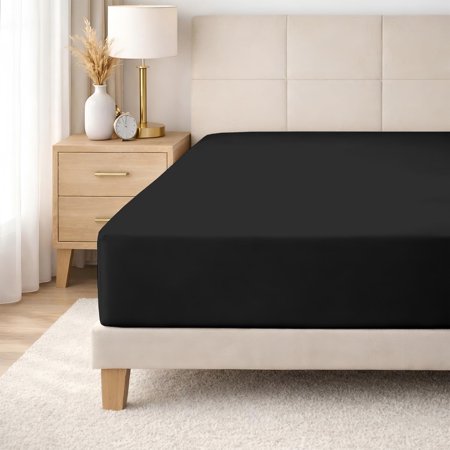 SGI bedding 100% Egyptian Cotton 600 TC Twin XL Size Fitted Sheet Only Soft Smooth Sateen Weave 15 inch Deep Pocket Fitted Bed Sheet - Black