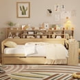 thumbnail image 3 of Harper & Bright Designs Twin Size Corner Bed Frame with Trundle, Daybed with Storage Shelves, Wooden L Shaped Beds with Study Desk, Natural, 3 of 11