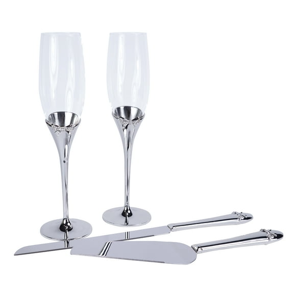 Bow-Tiful Collection Toasting Flutes & Cake Serving Set in Silver