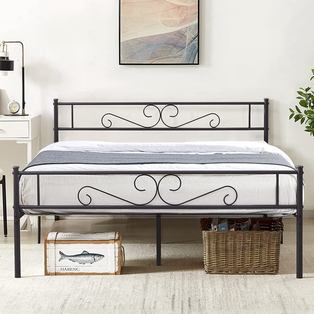VECELO Full Size Bed Frame with Headboard, Metal Platform Bed Frame/Mattress Foundation, No Box Spring Needed, Easy Assembly, Black