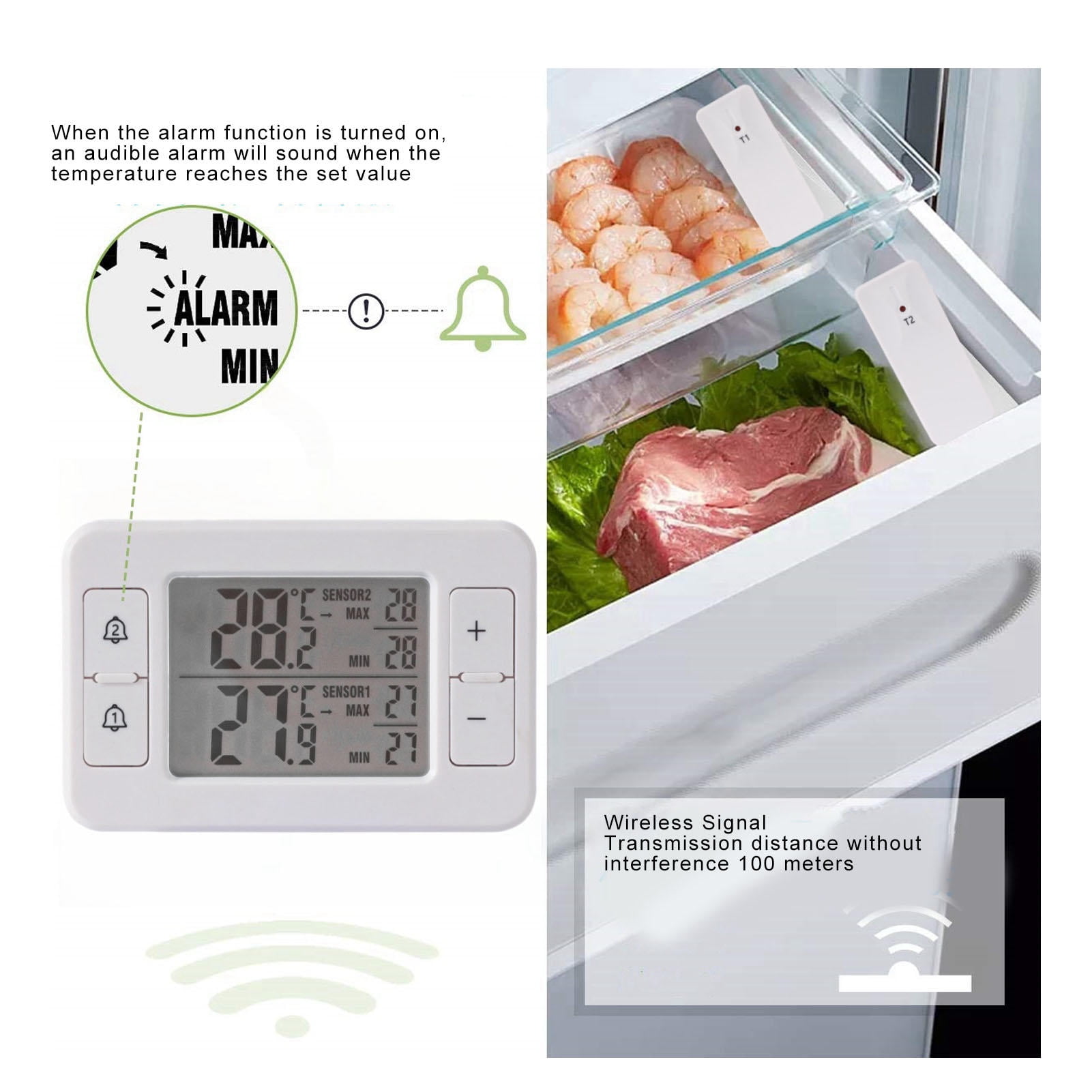 BIMZUC Wireless Dual‑Sensor Refrigerator Thermometer with Audible Alarm – Indoor & Outdoor Monitoring for Freezer, Wine Cellar & RV