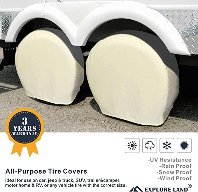Explore Land Tire Cover 2 Pack For RV motorhome camper travel trailer truck Jeep SUV Tough Vinyl Wheel Protector Universal Fits Tire Diameters 26-28.75 inch Off-White 