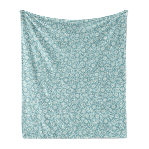 Floral Soft Flannel Fleece Blanket, Daisy Blooms Doodle Classic Retro Style Repeating Pattern Leaves Chamomiles, Cozy Plush for Indoor and Outdoor Use, 50" x 70", Pale Blue Off White, by Ambesonne