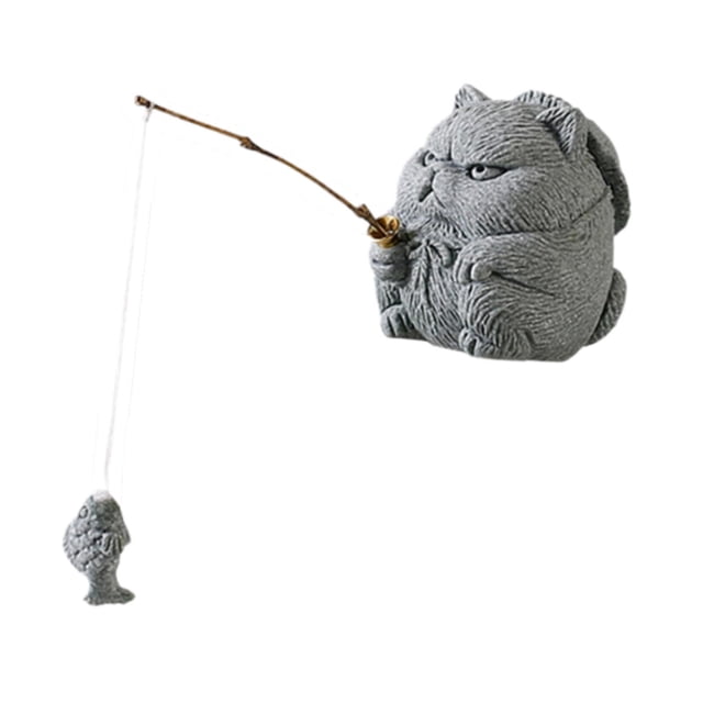 Estatua de gato de piedra para té, divertida decoración de escritorio, regalo para amantes del té, arte decorativo para mesa. Gato Pescador