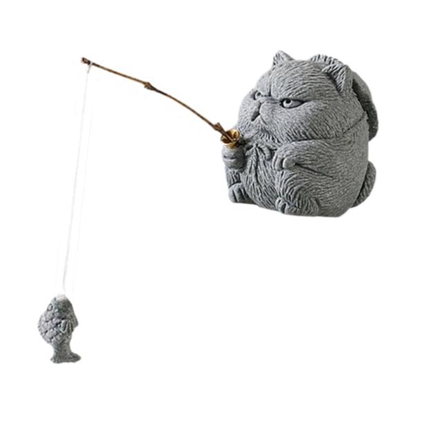 Decoración de mesa de té de piedra para mascotas, diseño único y divertido para escritorio, arte de jardín Gato Pescador