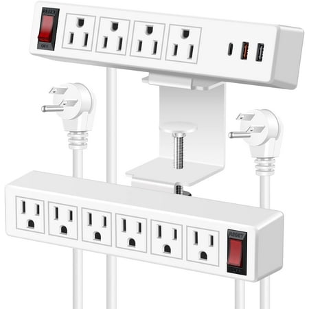 

White 2 in 1 Desktop Edge Power Strip Removable Clamp Power Outlet Socket Under Desk 6AC Outlests with Switch & 4 AC Outlets 2 USB-A Ports 1 USB-C Port 6.5 ft Extension Cord