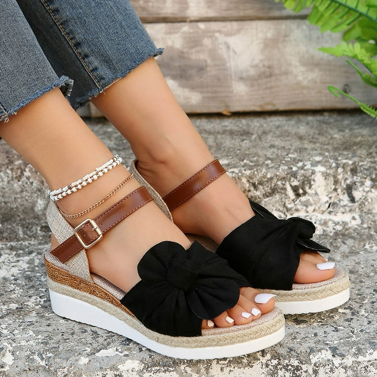 EHQJNJ Black Wedges for Women Wide Width Summer Retro Bow Rope Bottom Wedge Casual Outer Wear Large Size Women s Fish Mouth Thick Soled Sandals Wedge