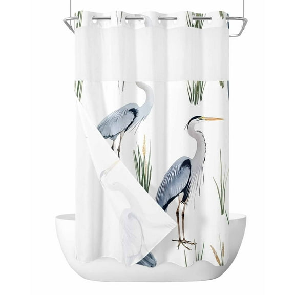 No Hook Cloth Fabric Shower Curtain with Snap in Liner, Watercolor Birds Waterproof Shower Curtains Set with See Through Top Window, Tropical Animal Green Grass Bath Curtains Shower 36"x72"