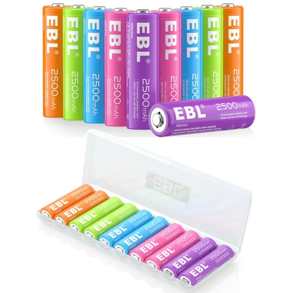 EBL Rechargeable AA Batteries, Rainbow General Purpose Battery with Battery Case, 10 Count
