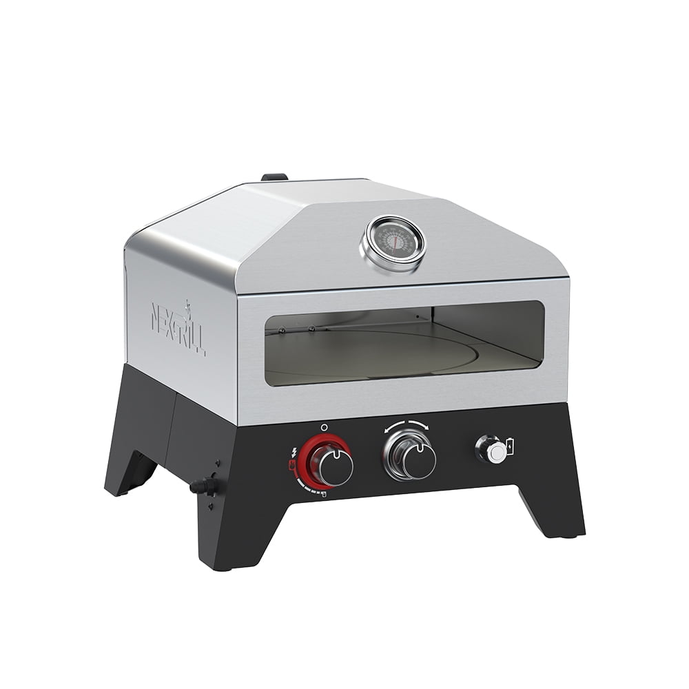Nexgrill 12" Tabletop Propane Pizza Oven, Cast Aluminum Frame, 15,000 BTUs, Portable Gas Pizza Cooker with Built-In Temperature Gauge, Wood Smoker Box, Rotating Cordierite Pizza Stone - 820-0084B
