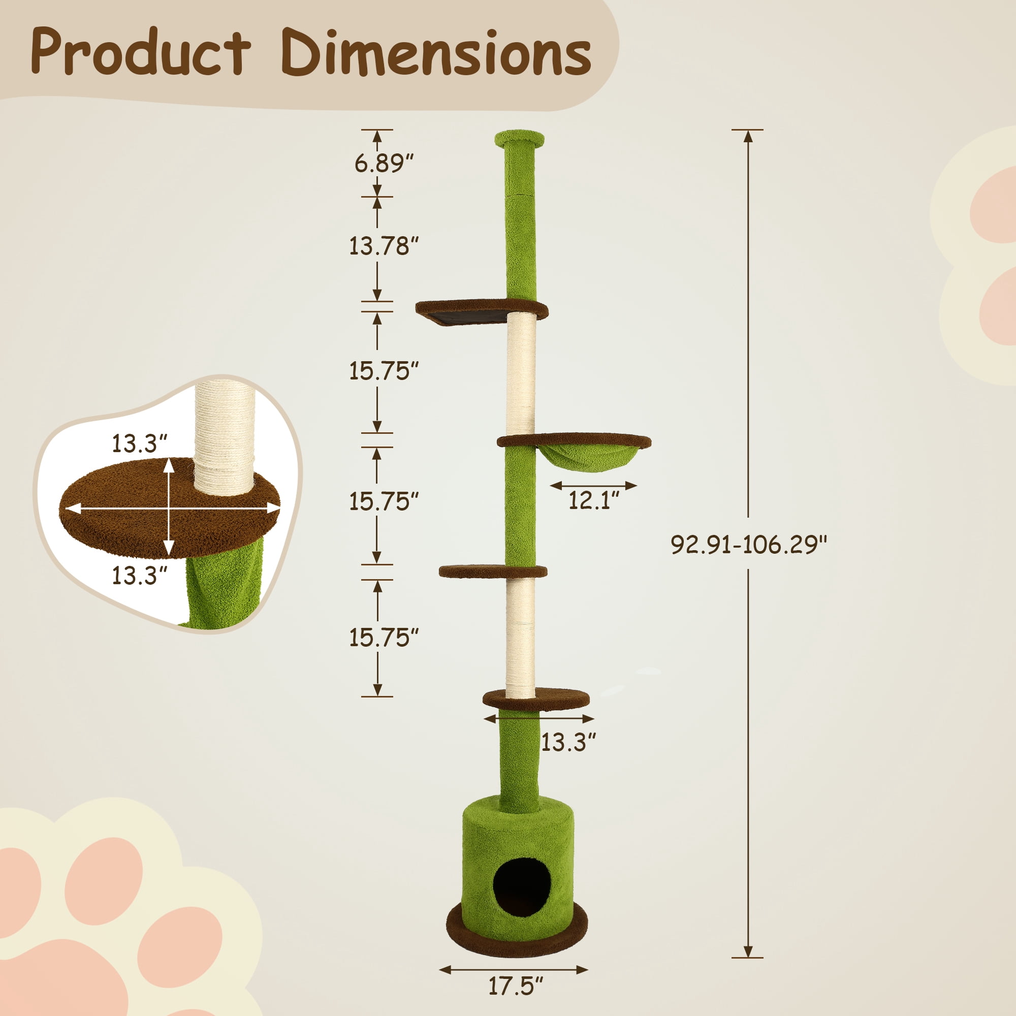 LHBCraft Floor to Ceiling Cat Tree, Cat Tower 5-Tier Height(88-107 Inches) Adjustable, Tall Cat Climbing Tower with Scratching Post, Cat Cave Condo, Cozy Hammock and Ball Toy for Indoor Cats