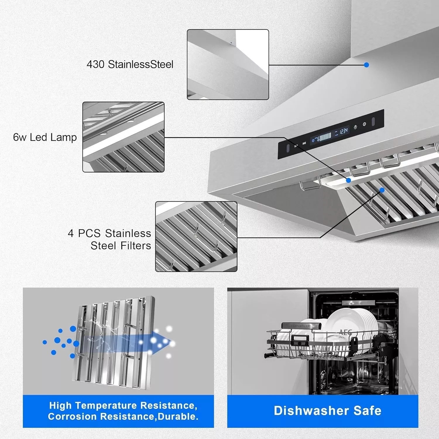 JOEAONZ Wall Mounted Range Hood 30" Kitchen Vent 900 CFM Duct Convertible Touch Control 9 Speed 120V
