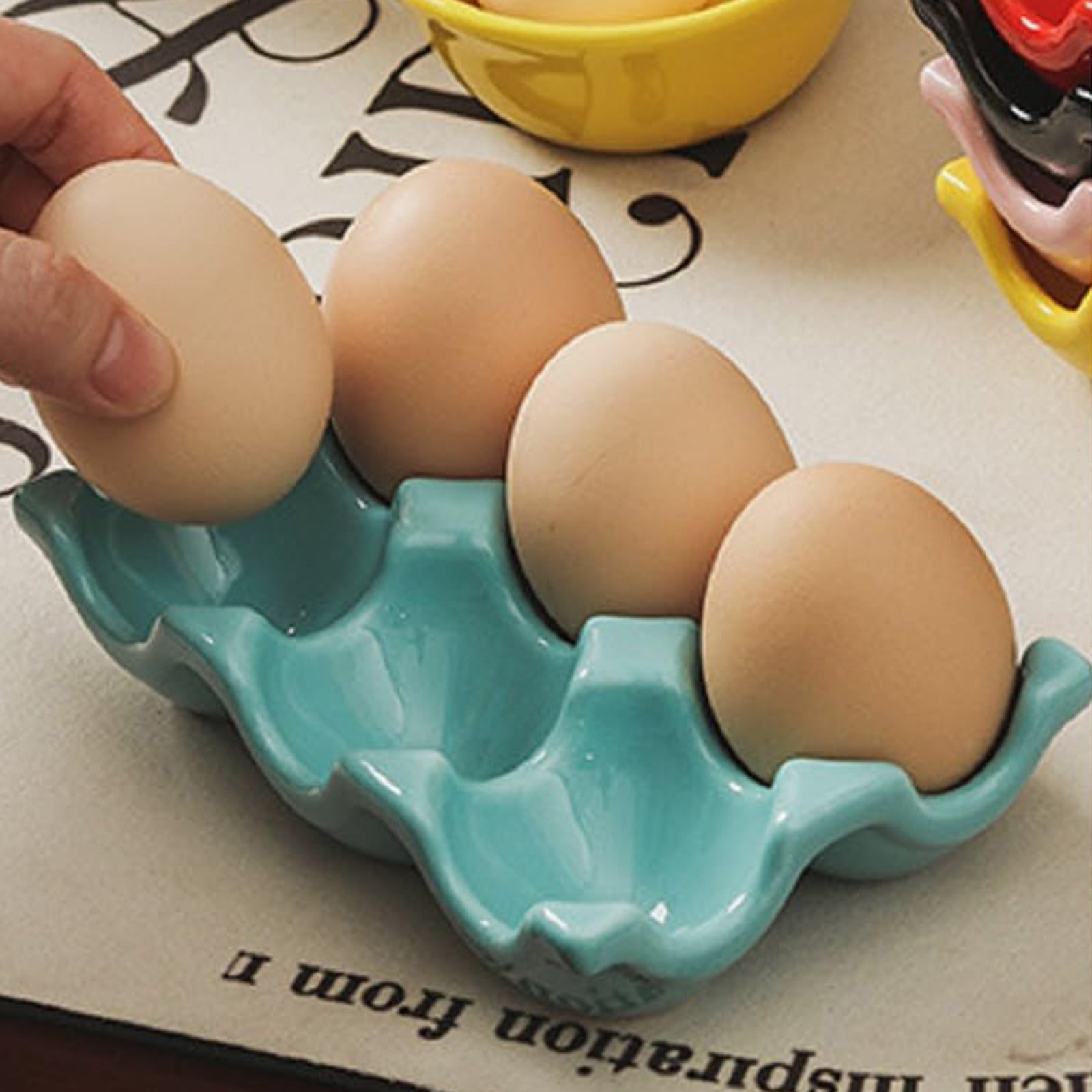 BEGHT 2Pcs Ceramic Half Dozen Egg Tray Holder for Countertop, Refrigerator, Porcelain Egg Carton Holds6 Chicken Eggs, Hard Boiled Eggs for Refrigerator Countertop Display Kitchen.