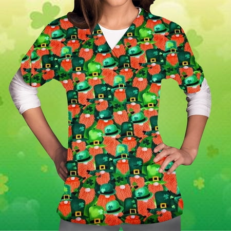 

Ozmmyan Womens Tops St Patricks Day Scrubs for Women s Short Sleeved V-neck Shirt St Patrick Printed With Pocket Protector