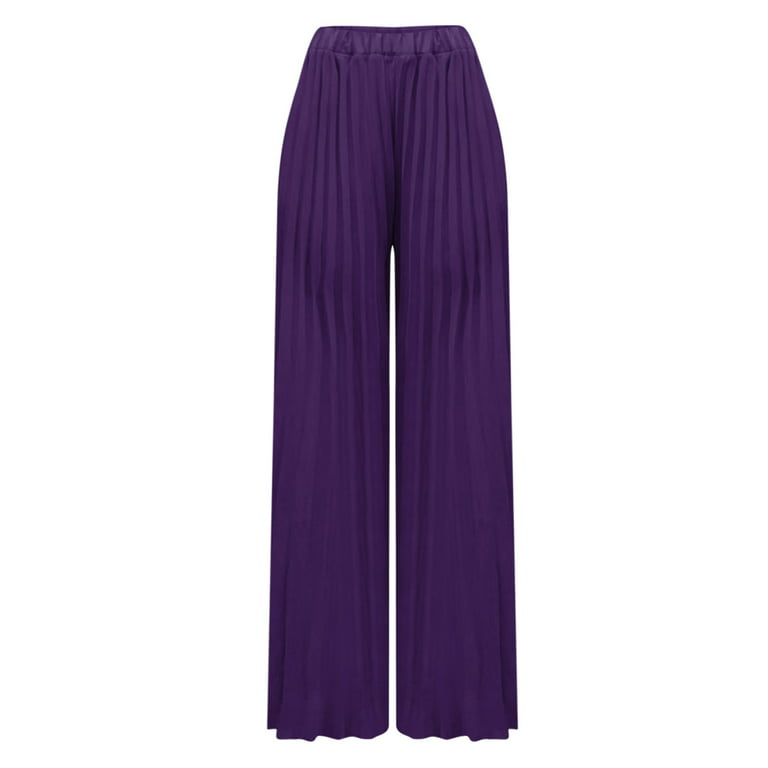 JWZUY Women's Elastic High Waisted Wide Leg Palazzo Pants Loose Casual  Pleated Chiffon Trousers Purple XXL