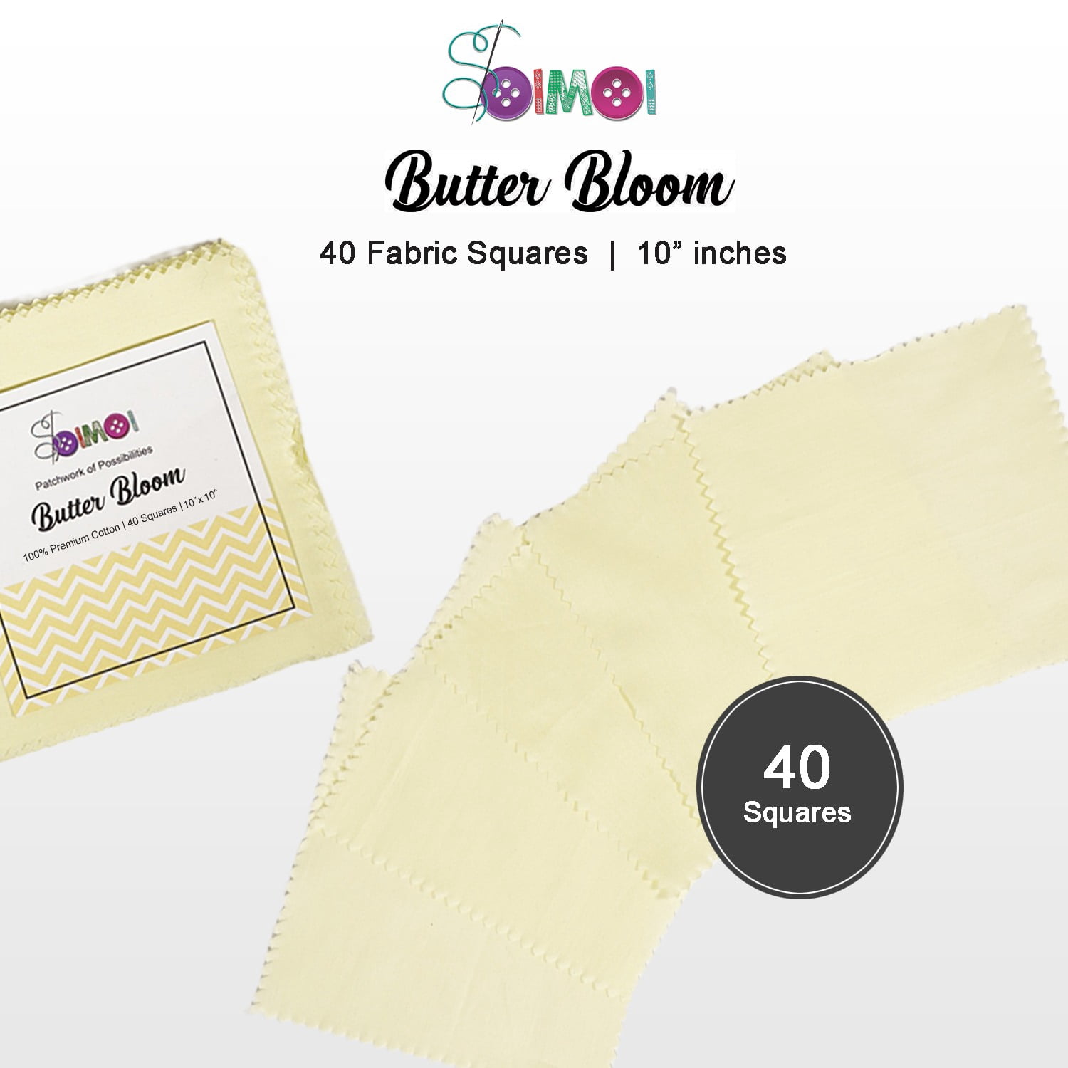 Soimoi 40 Pcs Solid Cotton Fabric Squares Bundles Charm Packs for Quilting, Fat Quarter Layer Cakes, Fabric Scraps for Crafts,Precuts Quilt Squares 10 X 10 inches, DIY Fabric Bundle - Butter Bloom