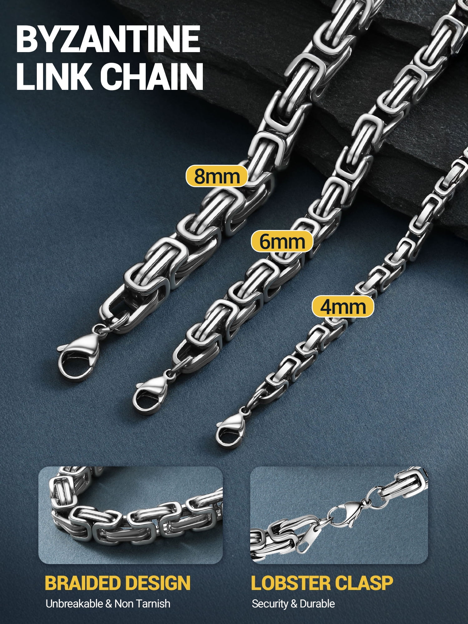 PROSTEEL 4MM Stainless Steel Necklace Silver Black Byzantine Link Chain for Men Women 22 Inch Jewelry Gift for Boyfriend Husband Birthday Christmas