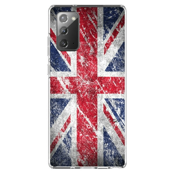 DistinctInk Clear Shockproof Hybrid Case for Samsung Galaxy Note 20 (6.7" Screen) - TPU Bumper, Acrylic Back, Tempered Glass Screen Protector - Red White Blue British Flag Weathered - the UK