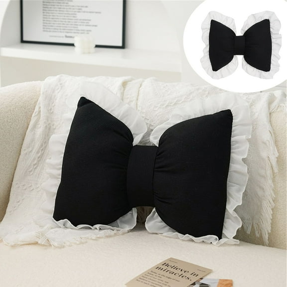 Denhf Bow Pillow, Soft Bow Throw Pillow, Cute Decorative Bow Shaped Pillow for Couch Bed Sofa Car Decor, Novelty Bow Pillow Lumbar Pillow Plush Cushion, 15.7" x 12.6", Black