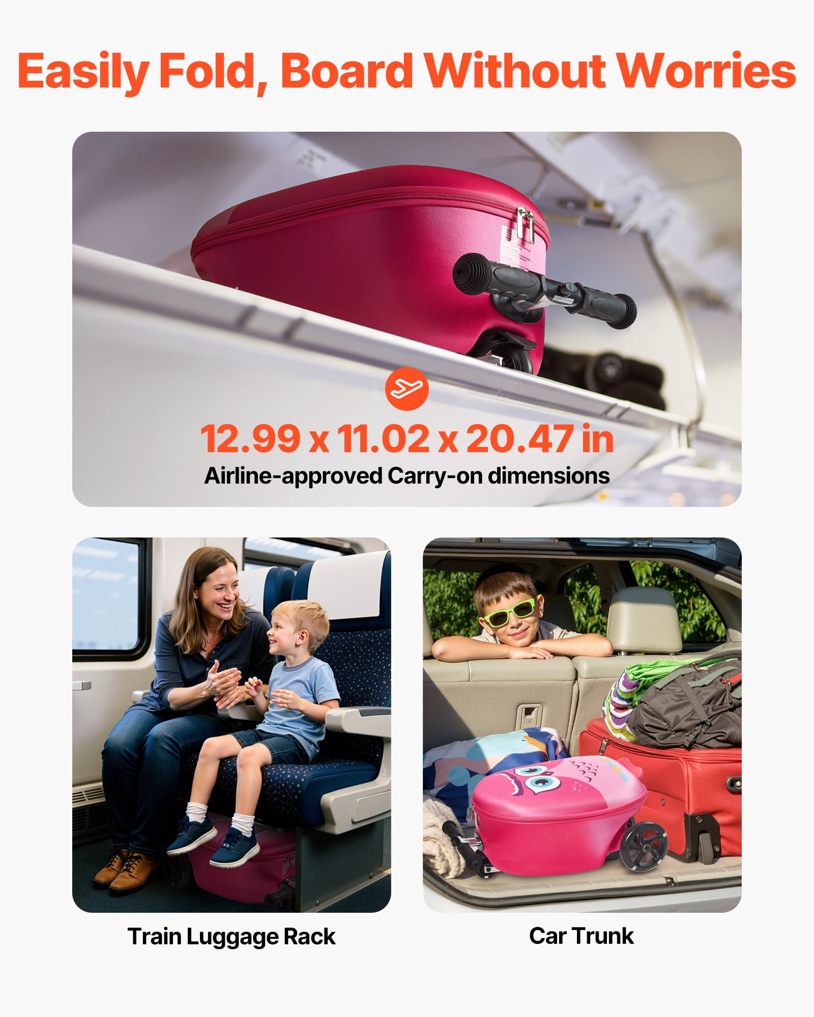 VEVOR Ride-on Luggage, 20 L Capacity, 20 Inches Kids Scooter Suitcase with Flash PU Wheels, Adjustable Handle & TPR Non-Slip Grip, Foldable & Lightweight Scooter Luggage for Kids Aged 5+, Pink