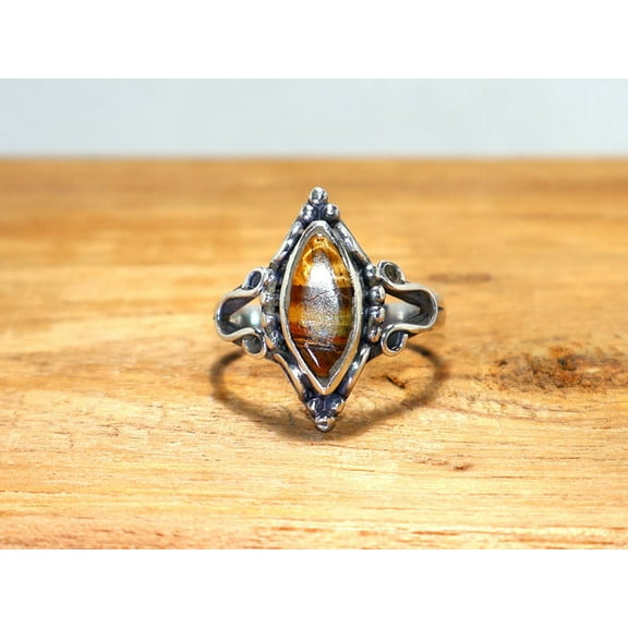 Heaven Crafts Solid 925 Sterling Silver Natural Tiger Eye Ring Marquise Yellow Gemstone Birthstone Jewelry Ring For Her