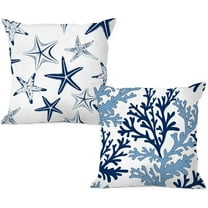 Beach Ocean Nautical Coastal Navy Blue Starfish Coral Throw Pillow Cover Pillowcase 18x18 Inch (Set of 2) Decor, Summer Beach Farmhouse Sofa Bed Bedroom Home Decoration
