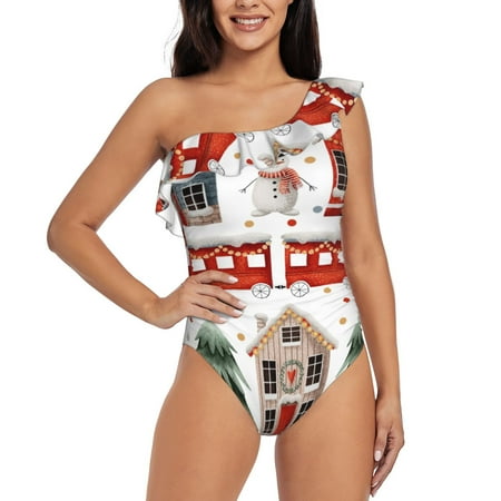 Lukts Christmas Houses Women One Piece Swimsuits Tummy Control One Shoulder Bathing Suits Ruffle Swimwear-X-Large