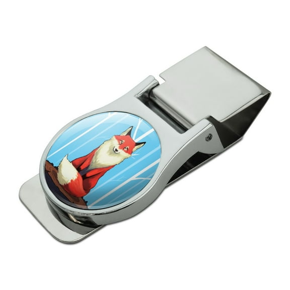 Fox on Tree Stump Satin Chrome Plated Metal Money Clip