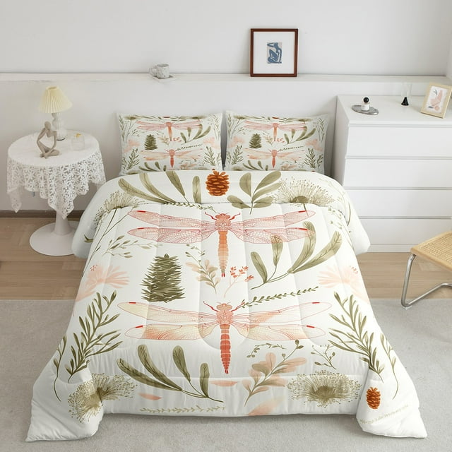 Erosebridal Cartoon Dragonfly Comforter Sets Twin Size, Retro Botanical Comforters & Duvets, Animal Print Decor, Reversible