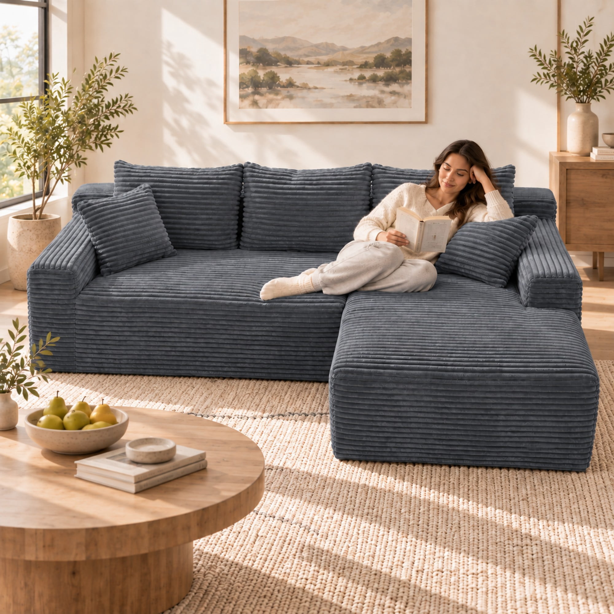 DEALTOPS 106" Corduroy L-Shape Sectional Sofa, Modular Floor Cloud Couch with Right Chaise, Gray