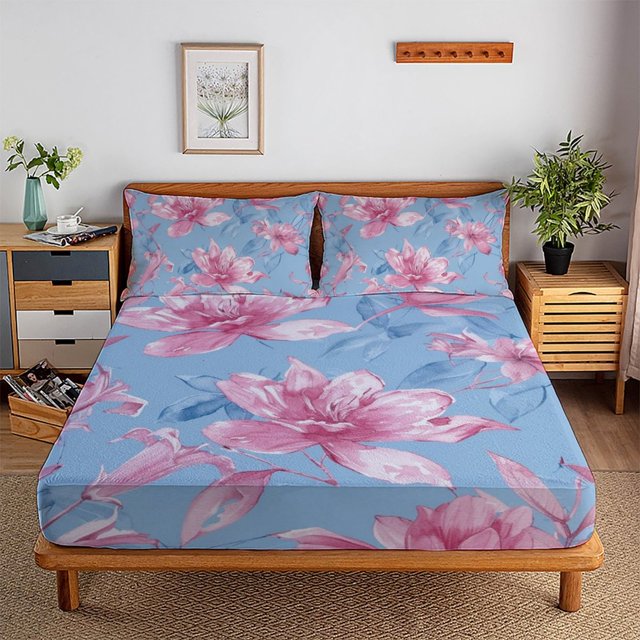 Flower Fitted Sheet Set with Pillowcase 3D Rose Printed Bedding Set Home Bedroom Decor,Full(54"x75")