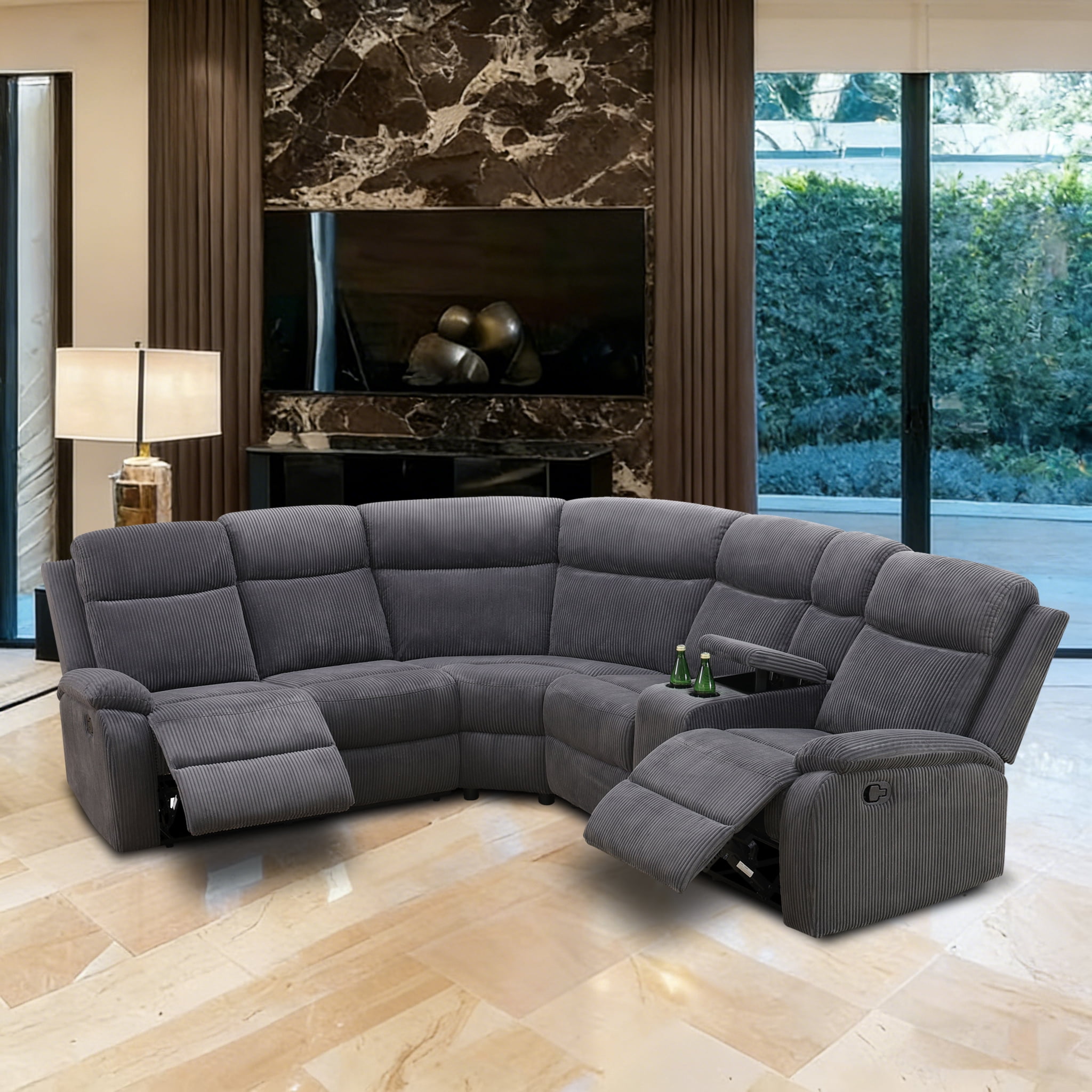 Gewnee Oversize Recliner Sofa Set – Multi-Functional Intelligent Sofa with Adjustable Backrest,Cup Holders,Storage Console,for Living Room,Office.Dark Grey Stripe