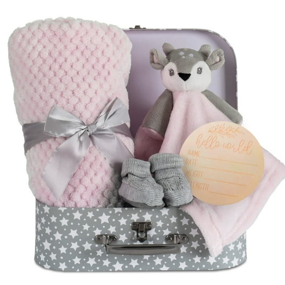 Baby girl gift Set New Born Baby gift Baby Deer Fawn Security Blanket Soft Fleece, Suitcase Keepsake Box Blanket Booties & Baby gift Basket - Unique Present for Baby Shower & Newborn Lovey