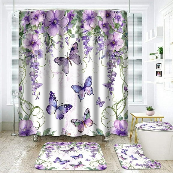 Butterfly Bathroom Set- Floral 4PCS Shower Curtain Sets Accessories with Non-Slip Rug, Toilet Lid Cover, Bath Mat-72x72in-Purple Lavender Lilac Flower Polyester Curtains-Home Decor Women Gifts