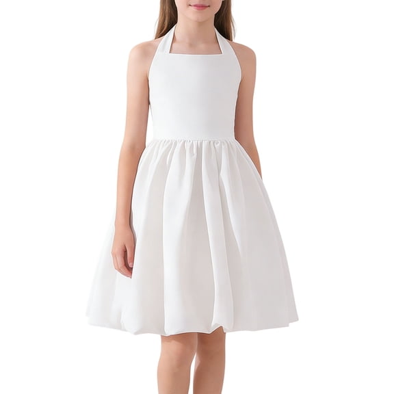 MOJOGO Girls Halter Dresses Formal Waist Cinched A Line Dress Sleeveless Square Neck Wedding Flower Brithday Party Gown White