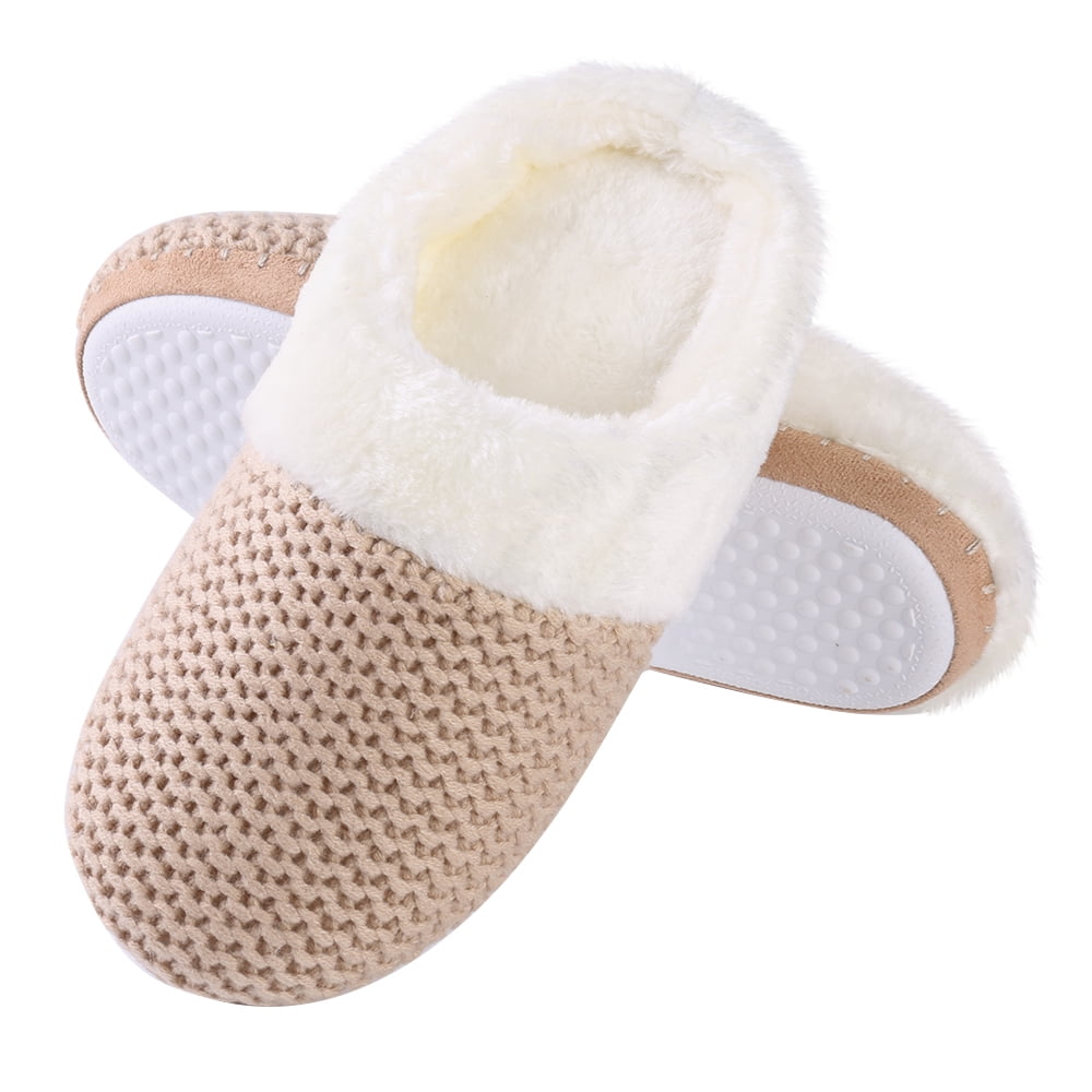 Women's Cozy Woven Knit Soft Plush Slippers with No-Slip Rubber Sole For Indoor, Outdoor, Spa Use (Beige)