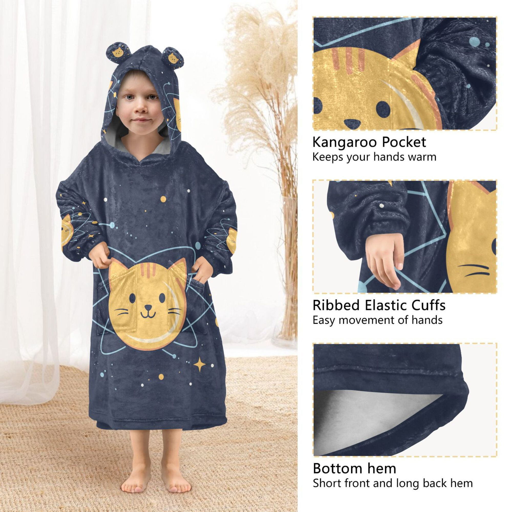 FORMRS Wearable Blanket Hoodie with Sleeves for Kids Cozy Flannel Sweatshirt, Orange Cat Planet