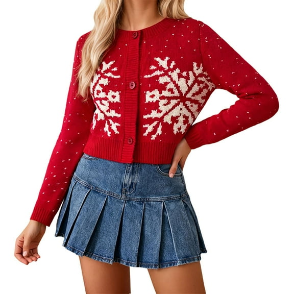 Wang6 Cropped Button Christmas Sweaters for Women Trendy Fall Winter Merry Xmas Santa Open Front Knits Long Sleeve Crew Neck Snowflake Printed Knitted Tops Red XS