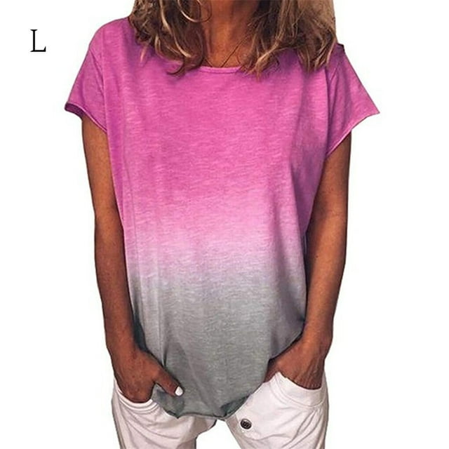Femmes T-Shirt Manches Courtes Col Rond Top Gradient Décontracté T-Shirt T-Shirt, Rose Rouge, L