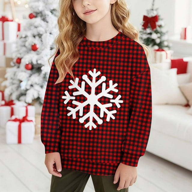 Cowsor Chandails en Molleton pour Filles Enfants Mignon Graphique Col Rond Chandail Tops Xmas Manches Longues Chemises de Vacances