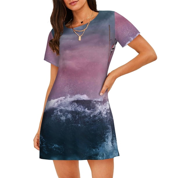 Disketp Boat Lighthouse Storm Waves para Camisón Corto de Manga Corta para Mujeres, Camisón Cómodo con Escote Redondo, Bonito y Confortable