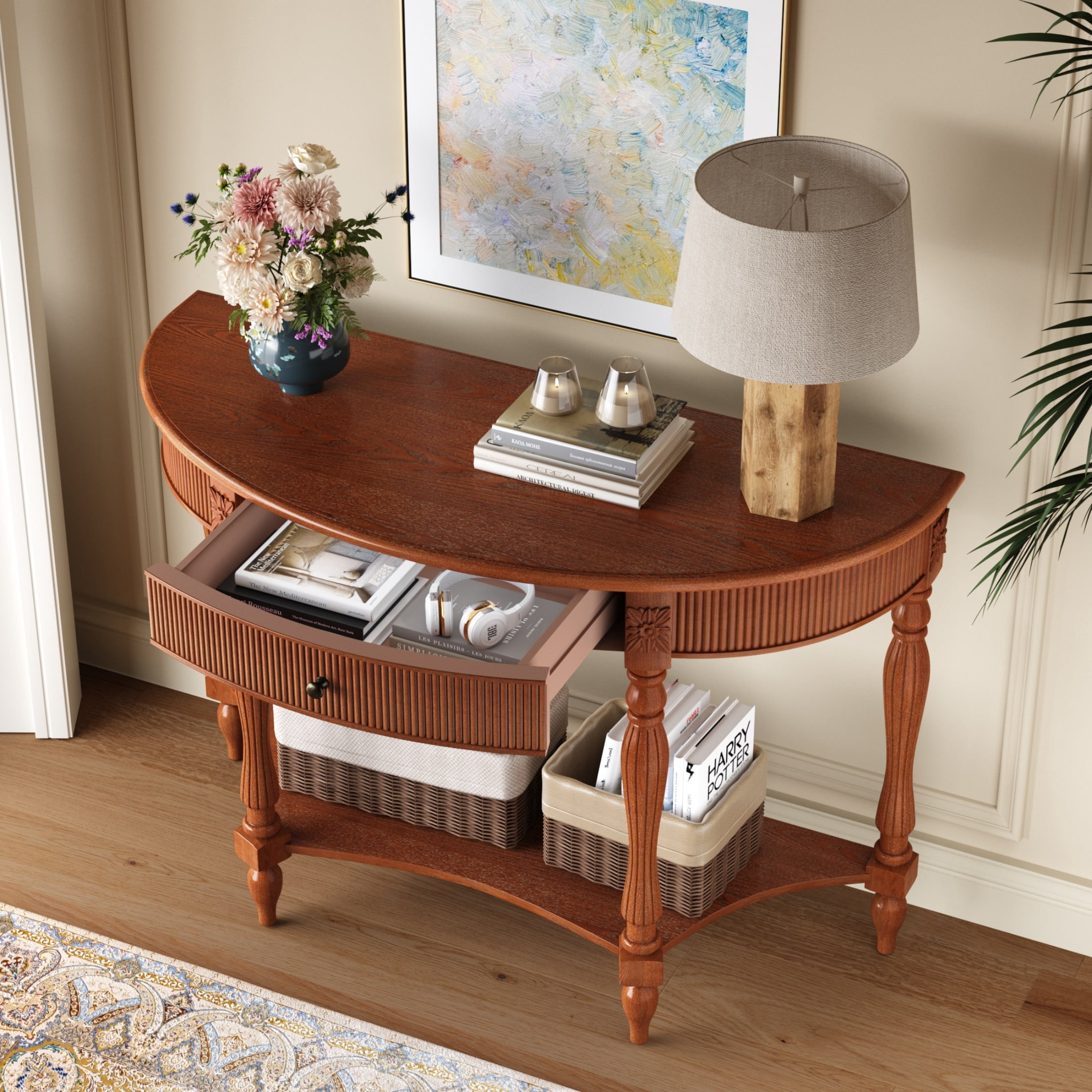 Accent Console Table with Semicircle Tabletop, Drawer & Shelf, Fluted Vintage Entryway Display Table, Sofa Table with Roman Legs
