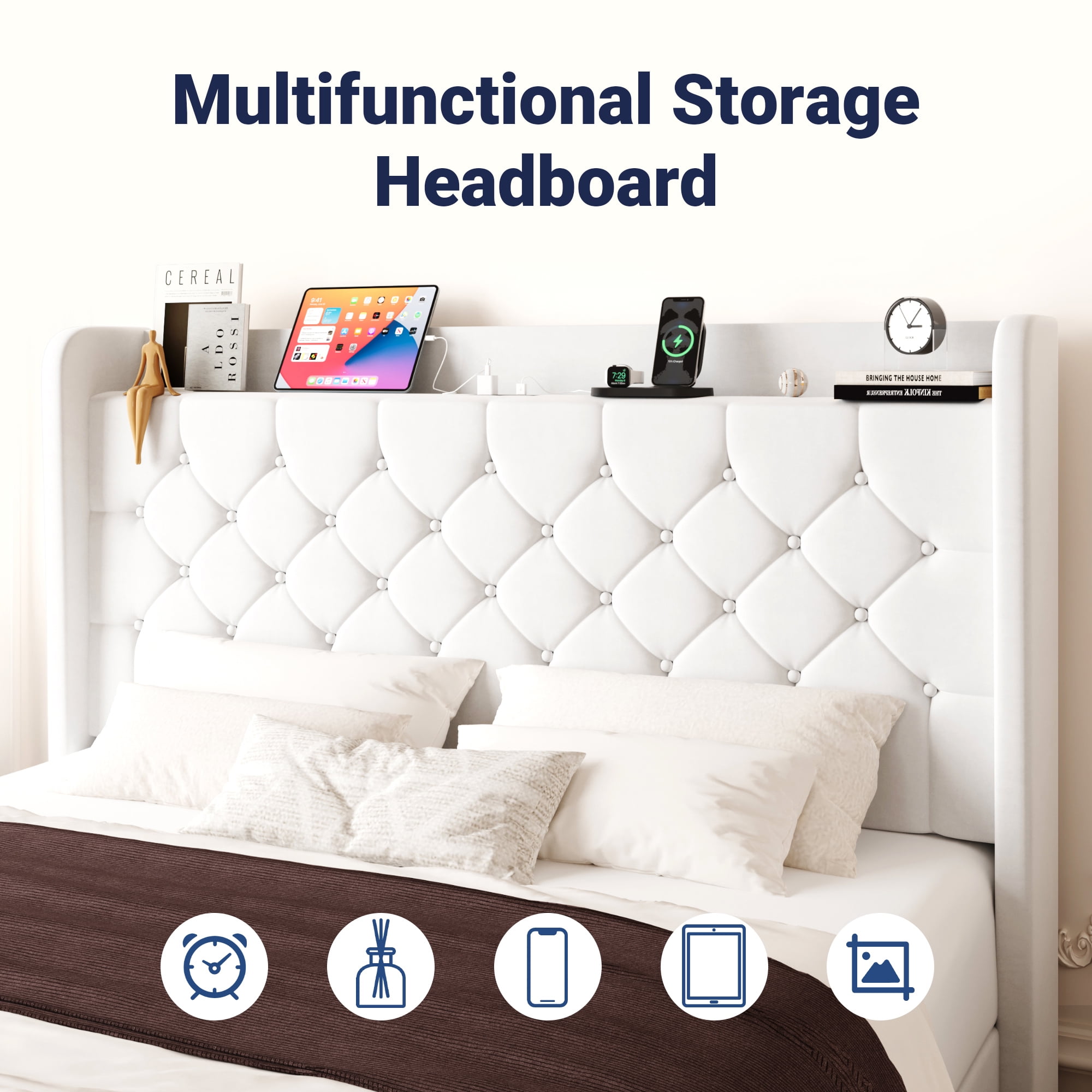 Allewie Queen Size Bed Frame, Storage Headboard with Charging Station, Wingback Velvet Upholstered, Diamond Stitched Button Tufted, Sturdy Wooden Slats, No Box Spring Needed, Easy Assembly, White