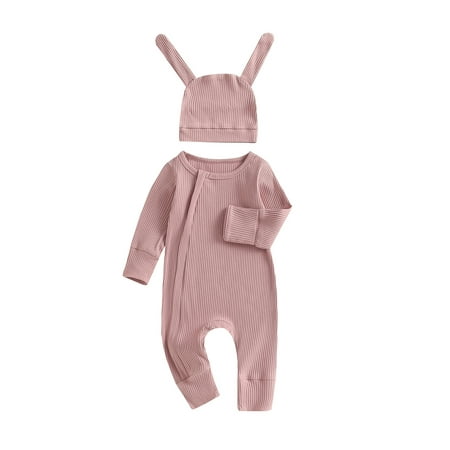 

jaweiwi Newborn Baby 2Pcs Fall Romper Outfits for Boys Girls 0 3M 6M 12M 18M Long Sleeve Zip Up Ribbed Jumpsuit with Hat Set Infant Clothes