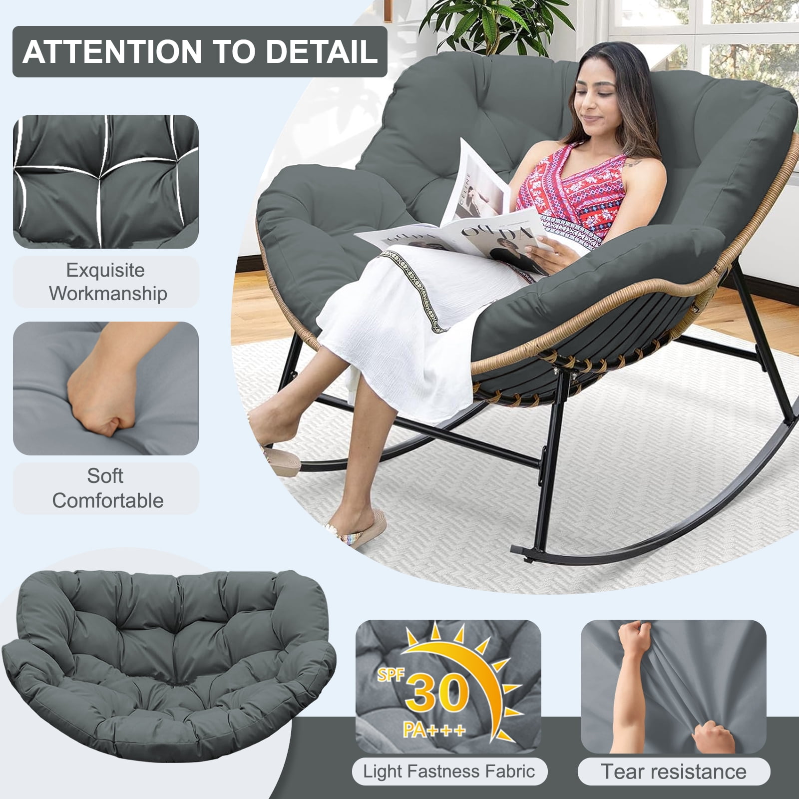 XXLYY Outdoor Rocking Chair Cushions – 6.3" Thick Waterproof Papasan Egg Chair Pad with Ties, Comfortable Round Seat Cushion for Living Room, Patio, Porch, or Balcony