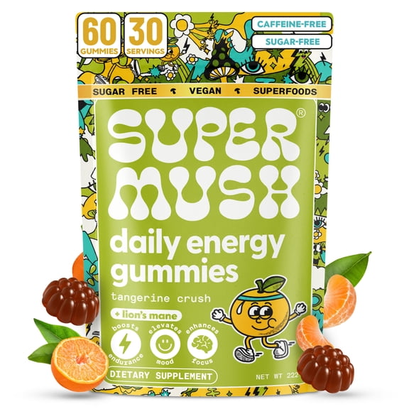 Supermush Daily Energy Mushroom Gummies - Organic Lion's Mane & Cordyceps for Energy, Focus, Stress Reduction - Vegan, Sugar Free Nootropic Supplement (60 Count)