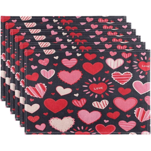 Table Placemats Set of 4 Valentine's Day Love Pattern Cotton Linen Cloth Washable Table Mats Heat Resistant Reusable Place Mat for Kitchen Dining 12x18 Inch