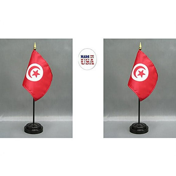 Made in The USA. 2 Tunisia 4"x6" Miniature Office Desk & Little Hand Waving Table Flags Includes 2 Flag Stands & 2 Small Mini Tunisian Stick Flags