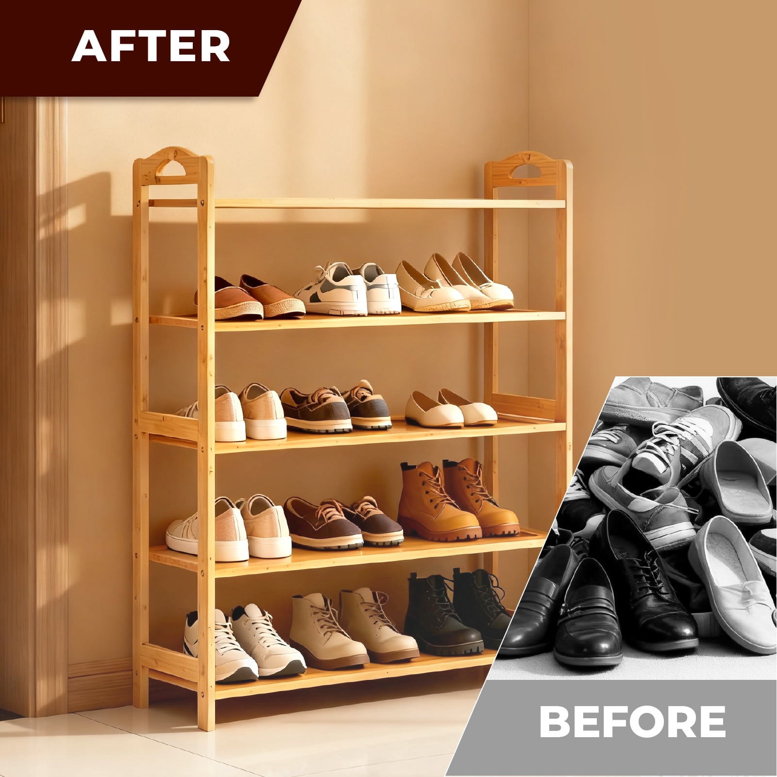 5 Tier Natural Bamboo Shoe Rack Eco Friendly 15 Pairs Capacity Slim Space Saving Open Shelf for Entryway Closet Hallway Apartment