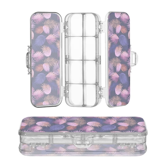 Plastic Pencil Box Large Capacity Pencil Boxes Clear Boxes with Snap-Tight Lid Stylish Office Supplies Storage Organizer Box Pink and Purple Palm Leaves